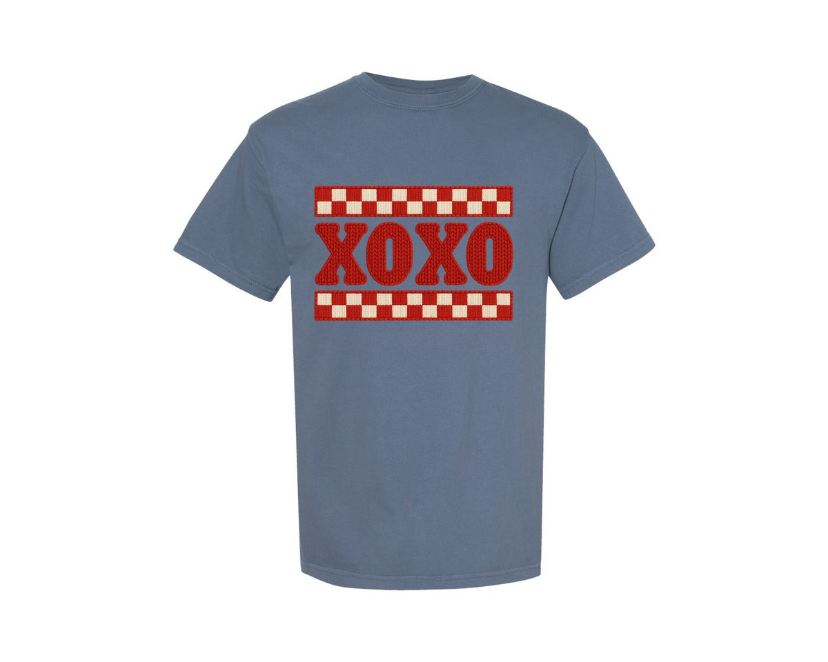 brand:Comfort Colors|color:Blue Jean|Xoxo Patchwork Valentines Day Graphic T-Shirt