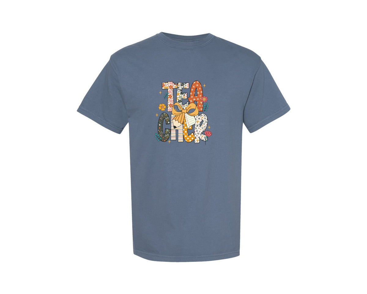 brand:Comfort Colors|color:Blue Jean|Floral Teacher Teacher Wildflower Graphic T-Shirt