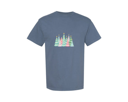 brand:Comfort Colors|color:Blue Jean|Cute Pink And Blue Christmas Trees 2 Graphic T-Shirt