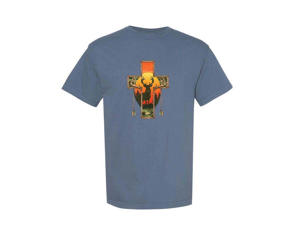 brand:Comfort Colors|color:Blue Jean|Deer Cross Rustic Hunting Cross Sub Graphic T-Shirt