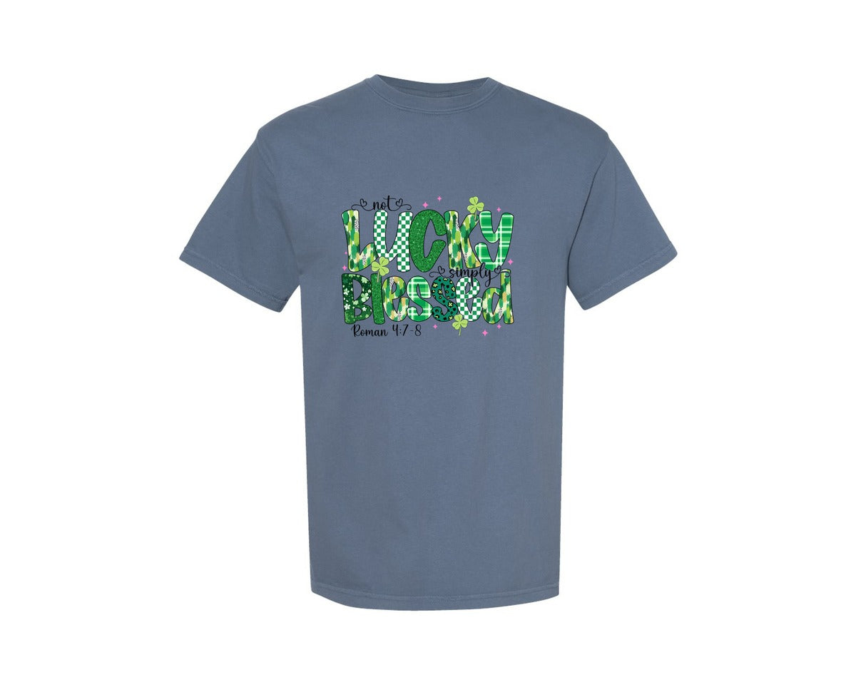 brand:Comfort Colors|color:Blue Jean|Lucky Blessed St Patrick Graphic T-Shirt