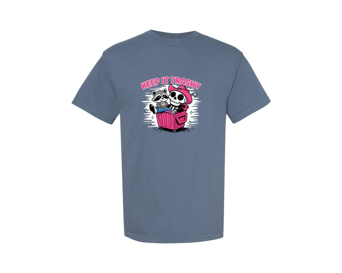 brand:Comfort Colors|color:Blue Jean|Trashy Raccoon Funny Skeleton Art Graphic T-Shirt