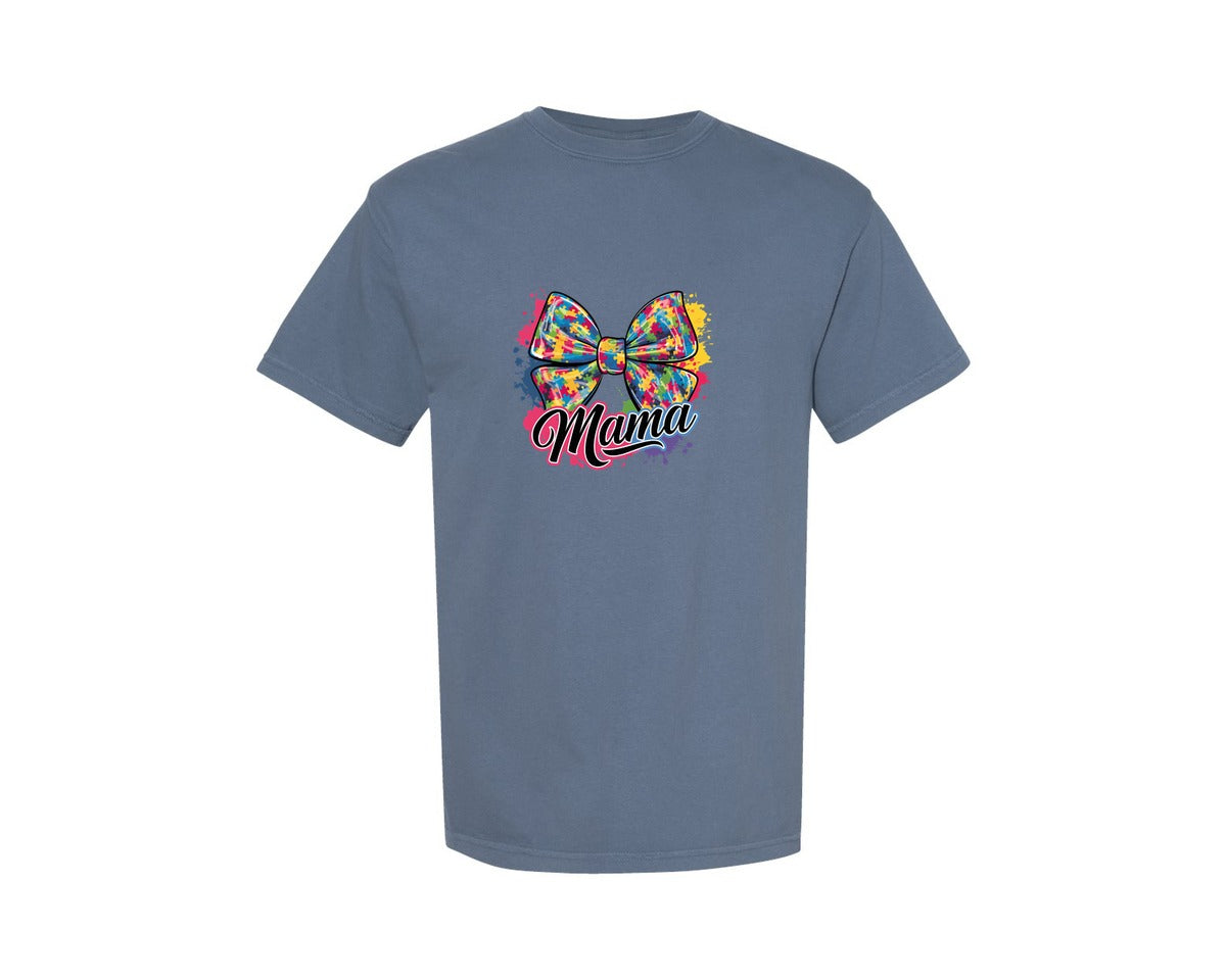 brand:Comfort Colors|color:Blue Jean|Autism Mama Colorful Puzzle Bow Art Graphic T-Shirt