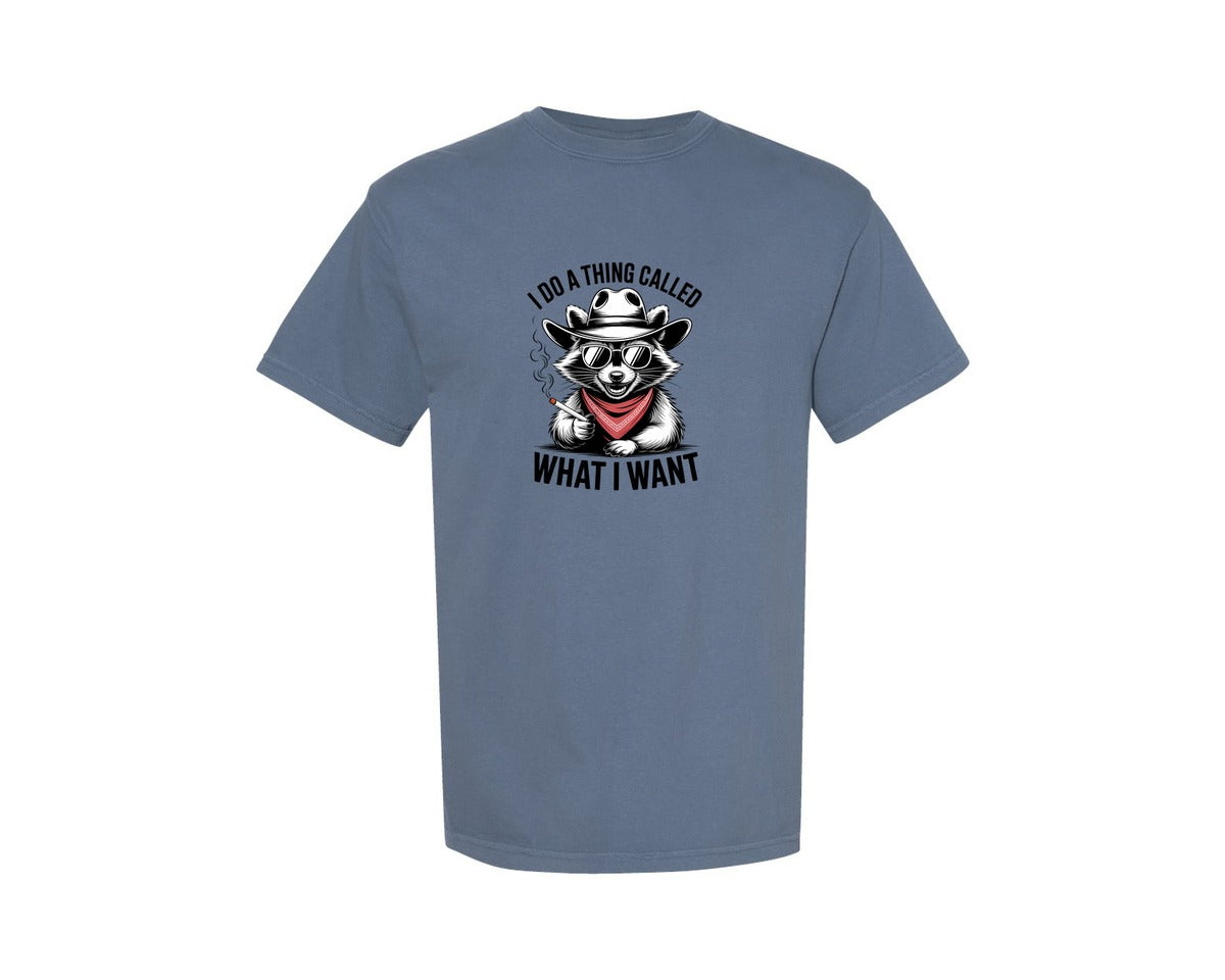 brand:Comfort Colors|color:Blue Jean|I Do What I Want Raccoon Attitude Tee Graphic T-Shirt
