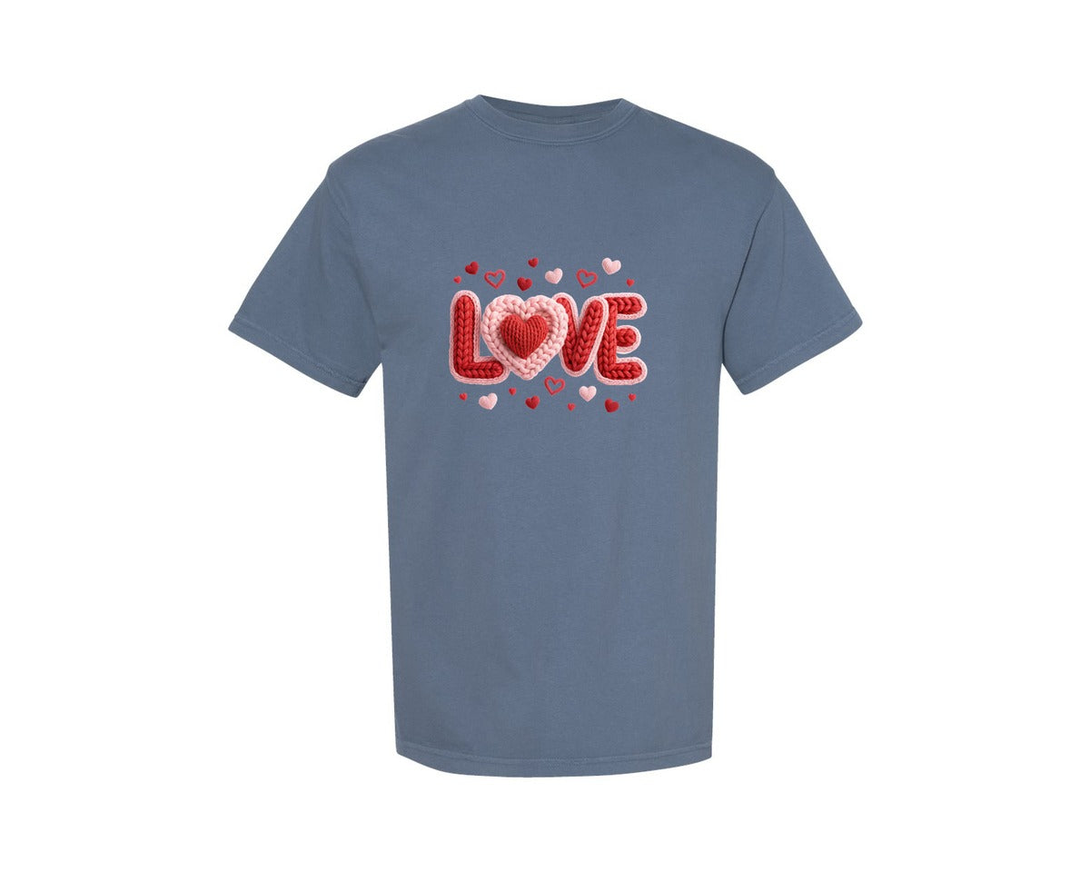 brand:Comfort Colors|color:Blue Jean|Yarn Crochet Love Heart Graphic T-Shirt