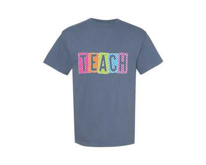 brand:Comfort Colors|color:Blue Jean|Neon Teach Retro Checkered Teacher Graphic T-Shirt