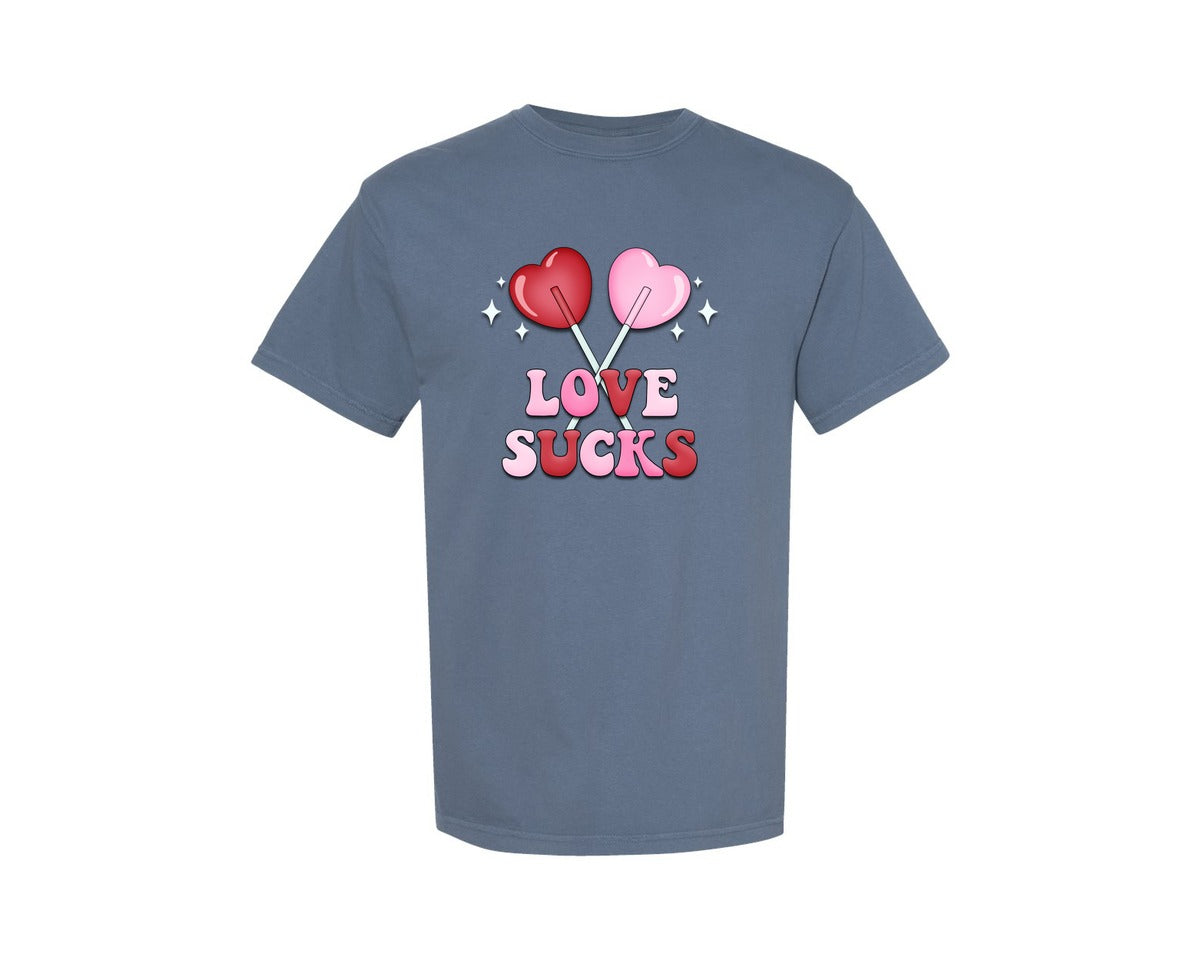 brand:Comfort Colors|color:Blue Jean|Love Sucks Retro Anti Valentines Day Graphic T-Shirt