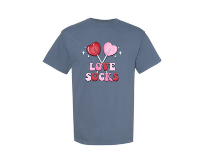 brand:Comfort Colors|color:Blue Jean|Love Sucks Retro Anti Valentines Day Graphic T-Shirt