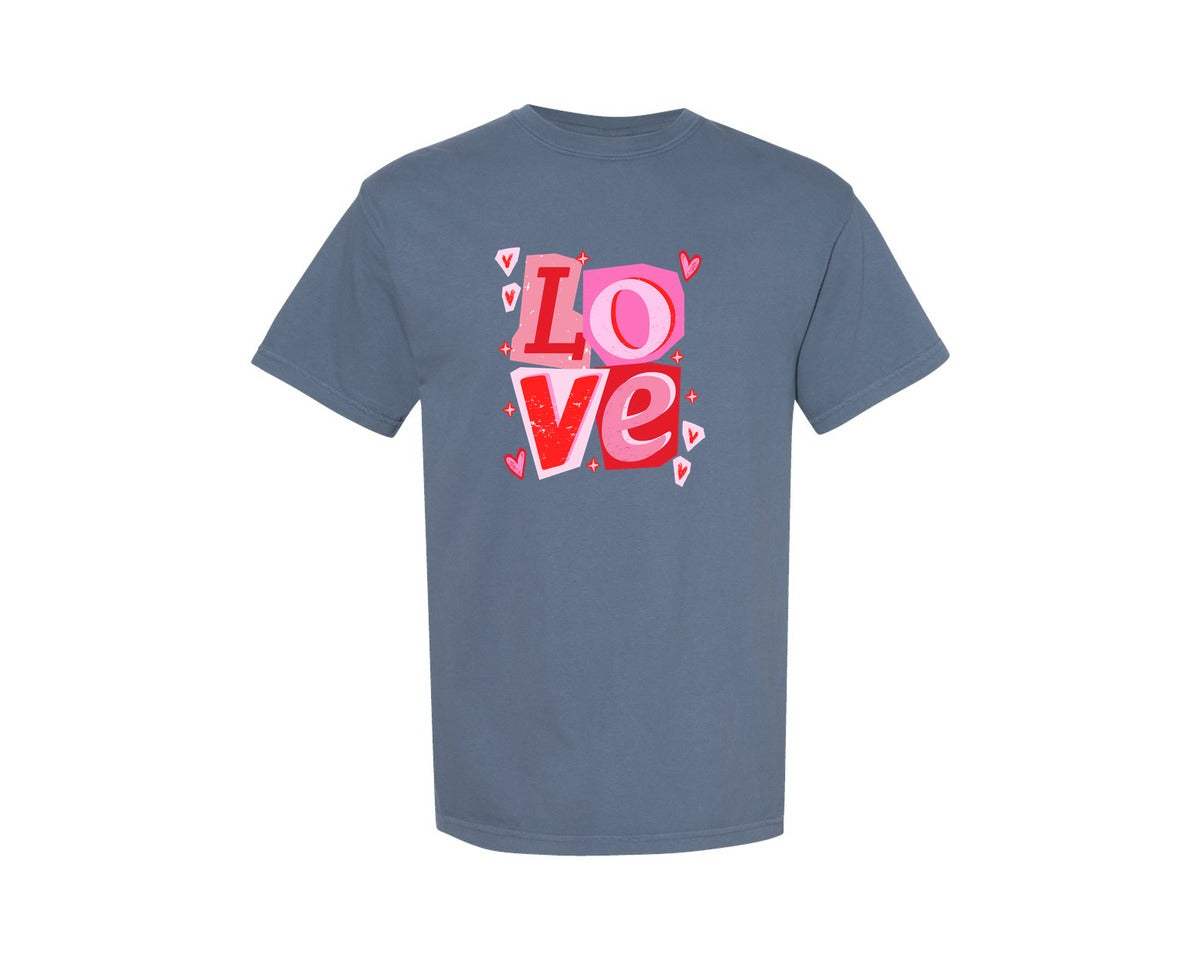 brand:Comfort Colors|color:Blue Jean|Love Valentine Ransom Letter Graphic T-Shirt