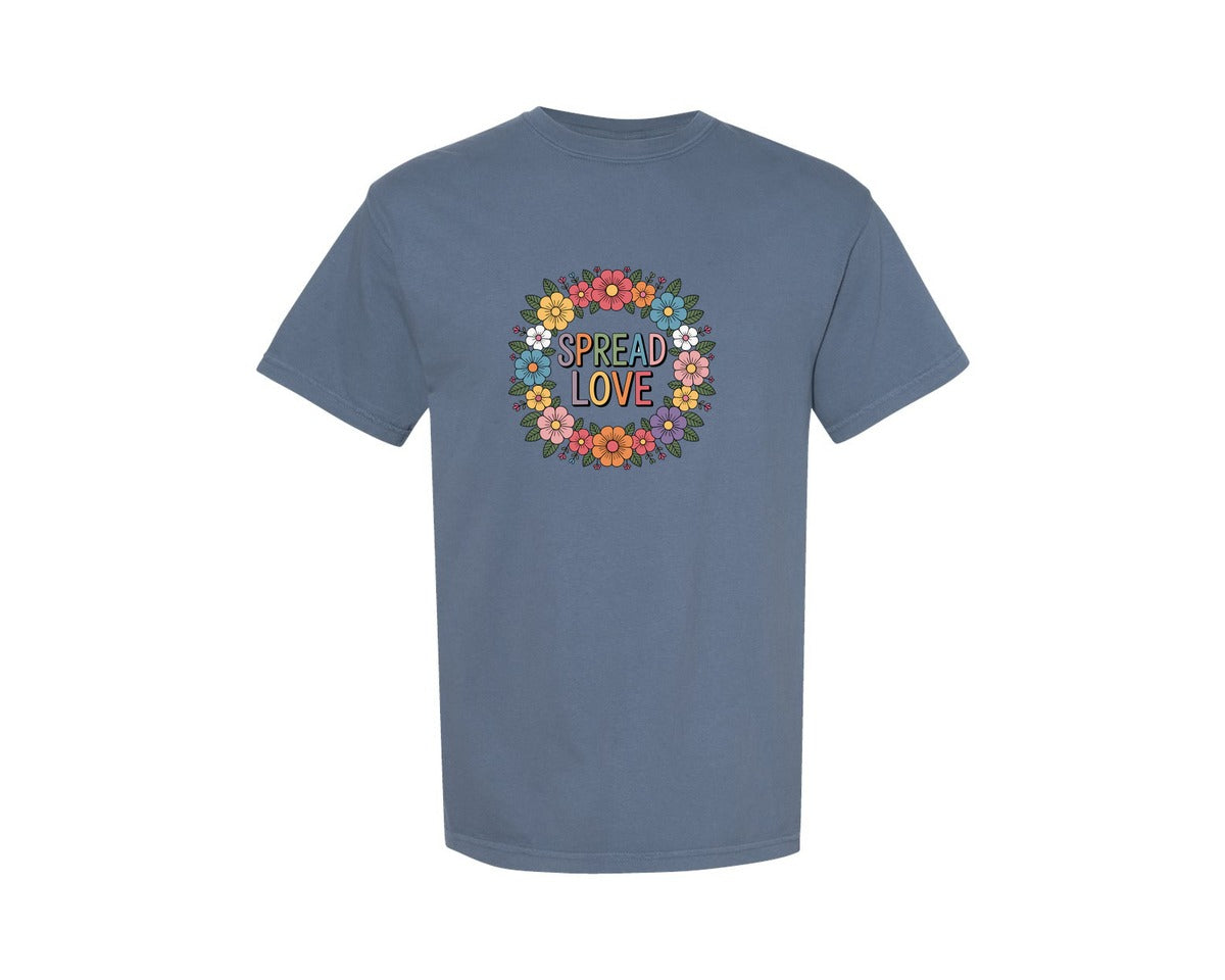 brand:Comfort Colors|color:Blue Jean|Spread Love Floral Wreath Illustration Graphic T-Shirt
