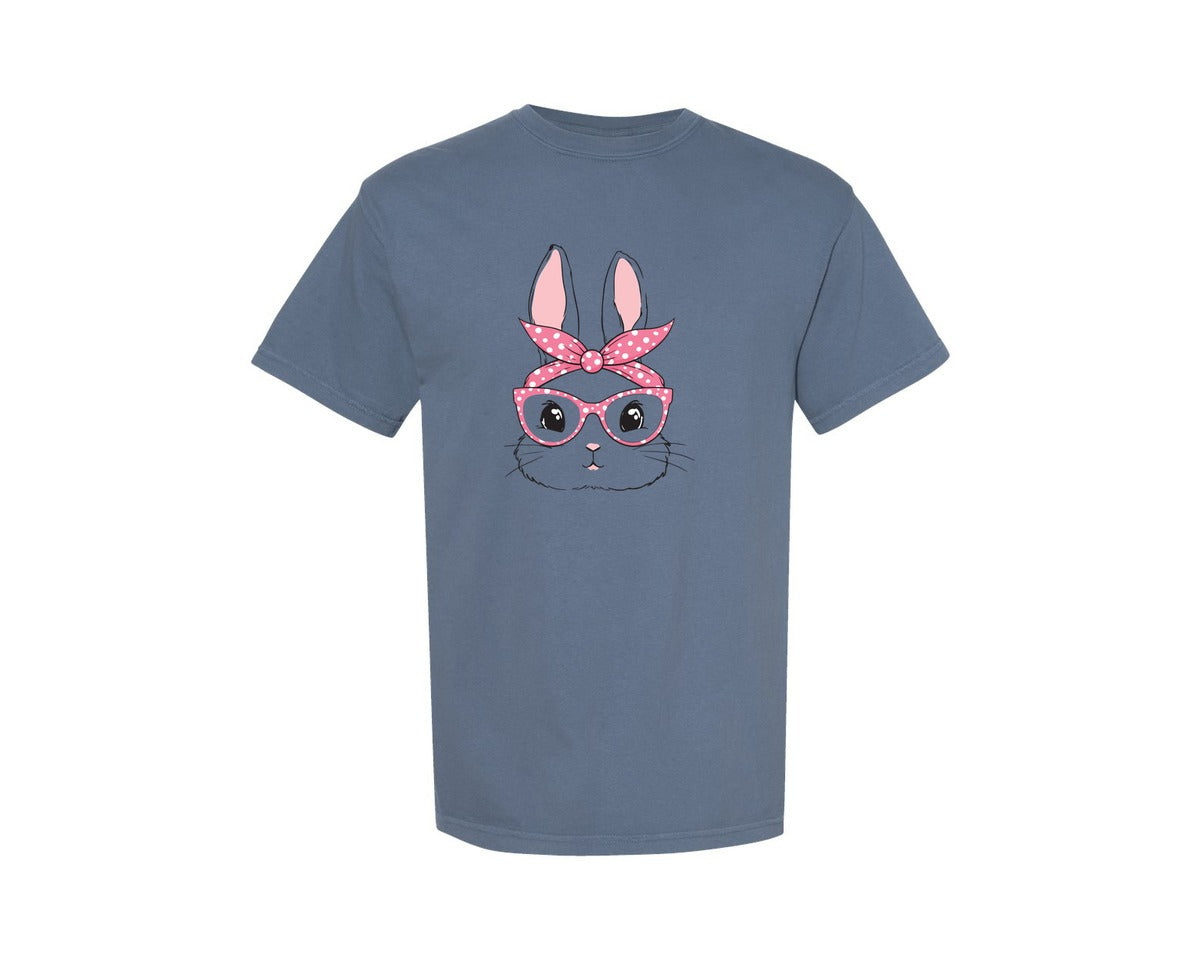 brand:Comfort Colors|color:Blue Jean|Cute Women Bunny Easter Bunny Sunglasses Graphic T-Shirt