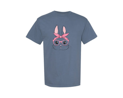 brand:Comfort Colors|color:Blue Jean|Cute Women Bunny Easter Bunny Sunglasses Graphic T-Shirt