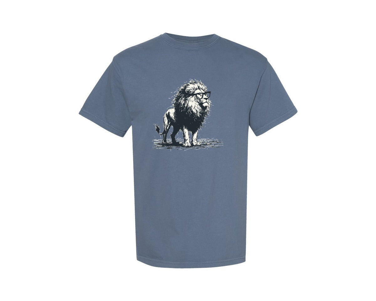 brand:Comfort Colors|color:Blue Jean|Lion Wearing Nerd Glasses Shirt Graphic T-Shirt