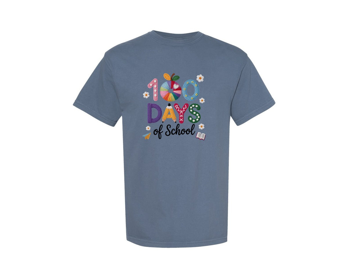 brand:Comfort Colors|color:Blue Jean|Faux Yarn 100 Days Of School Design 4 Graphic T-Shirt