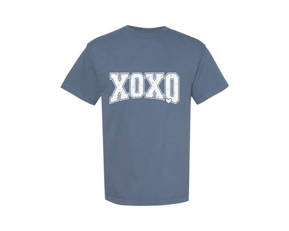 brand:Comfort Colors|color:Blue Jean|Retro Valentine Xoxo Varsity Heart Graphic T-Shirt