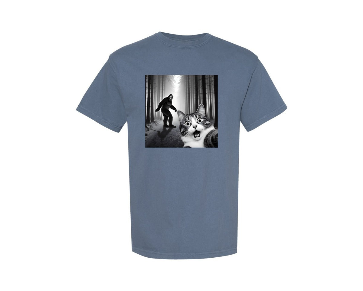 brand:Comfort Colors|color:Blue Jean|Cat Selfie With Sasquatch Graphic T-Shirt