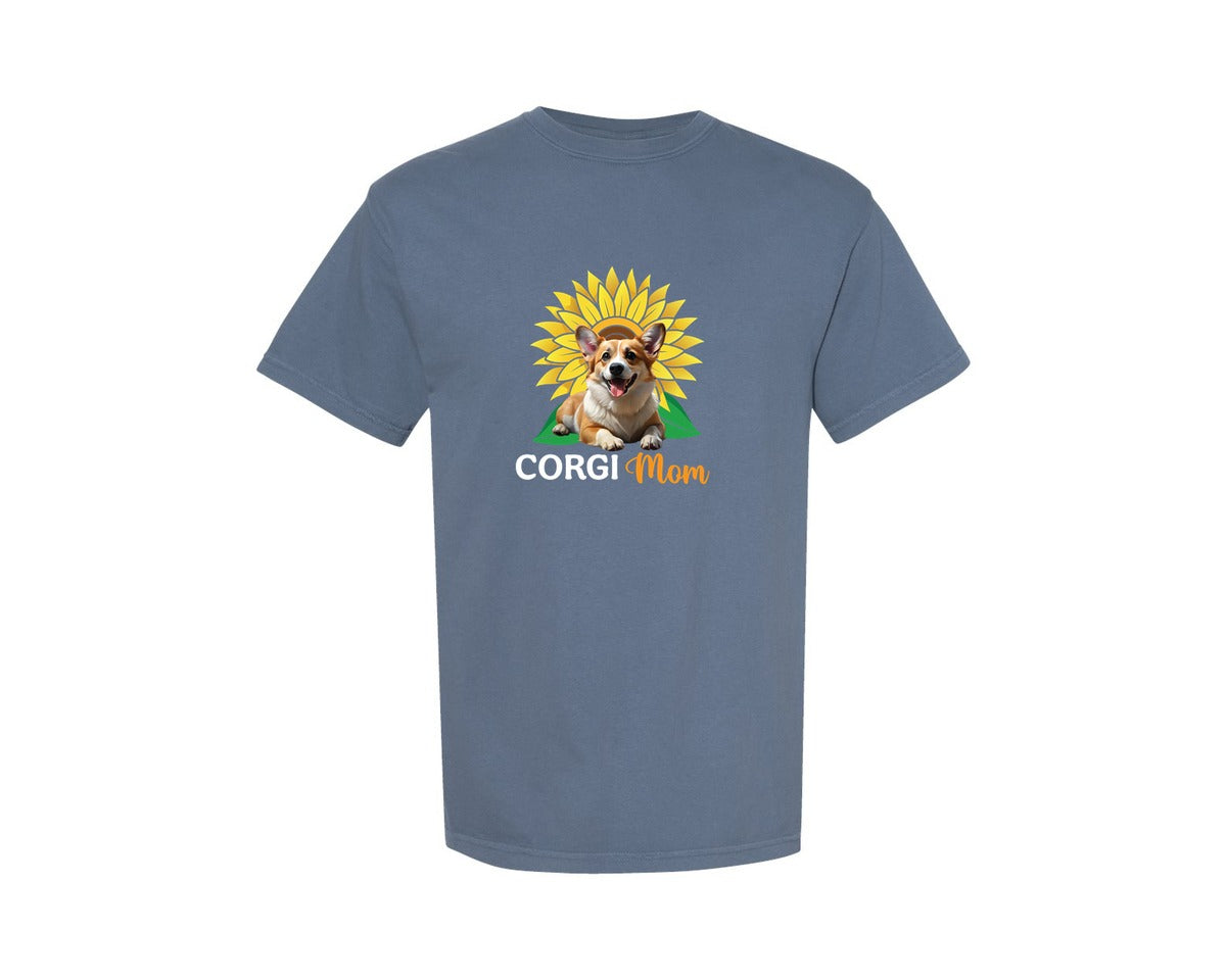 brand:Comfort Colors|color:Blue Jean|Corgi Mom Sunflower Graphic T-Shirt