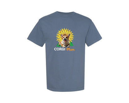 brand:Comfort Colors|color:Blue Jean|Corgi Mom Sunflower Graphic T-Shirt
