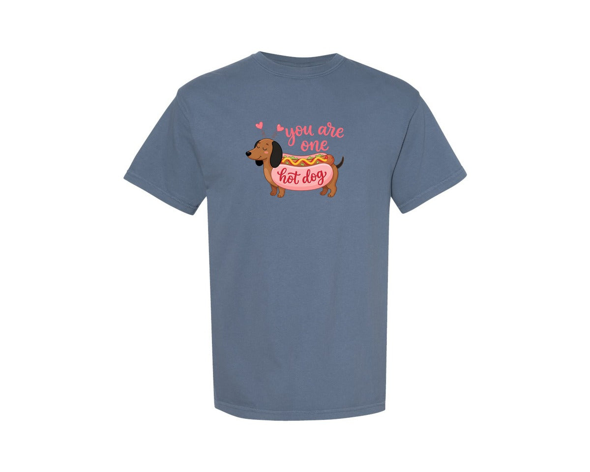 brand:Comfort Colors|color:Blue Jean|You Are One Hot Dog Dachshund Valentine Graphic T-Shirt