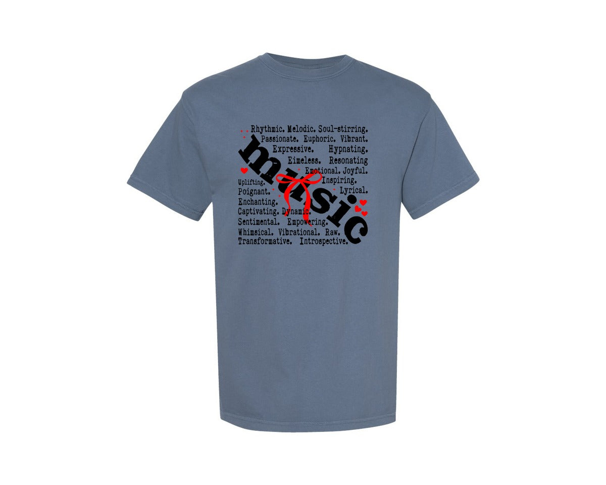 brand:Comfort Colors|color:Blue Jean|Music Words Music Coquette Bow Graphic T-Shirt