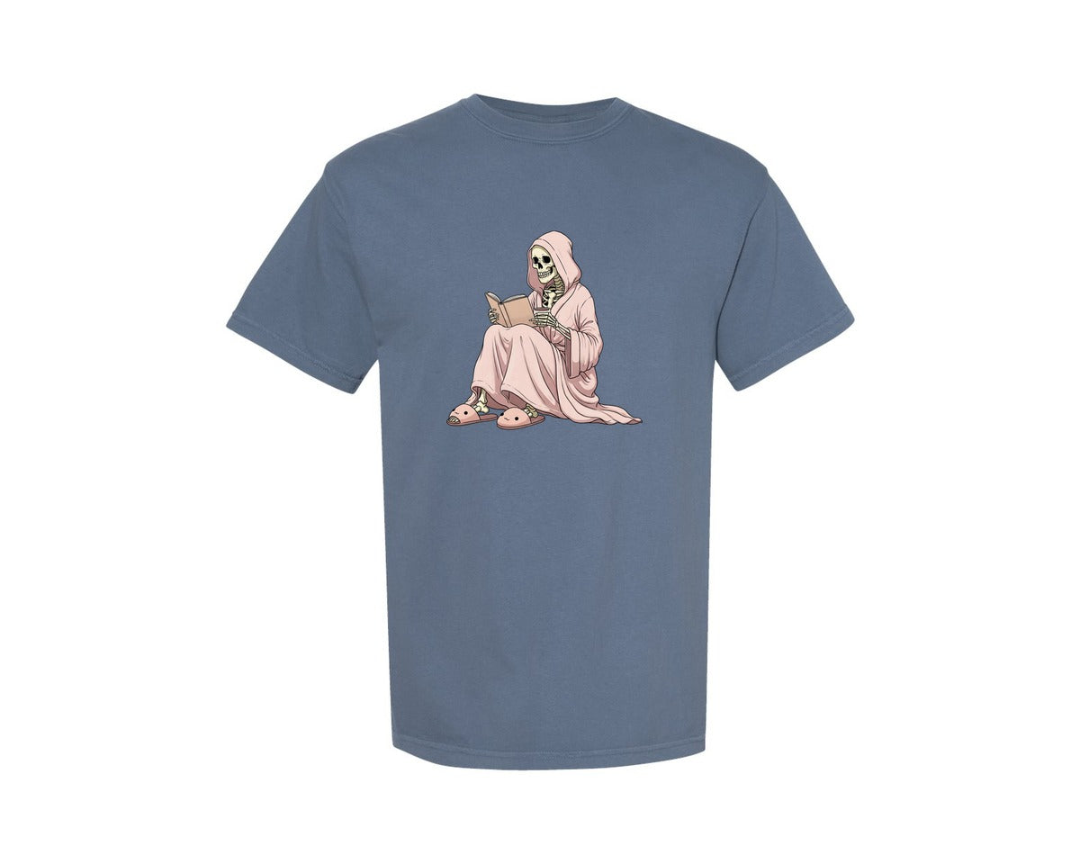 brand:Comfort Colors|color:Blue Jean|Cozy Skeleton Reading Funny Graphic T-Shirt