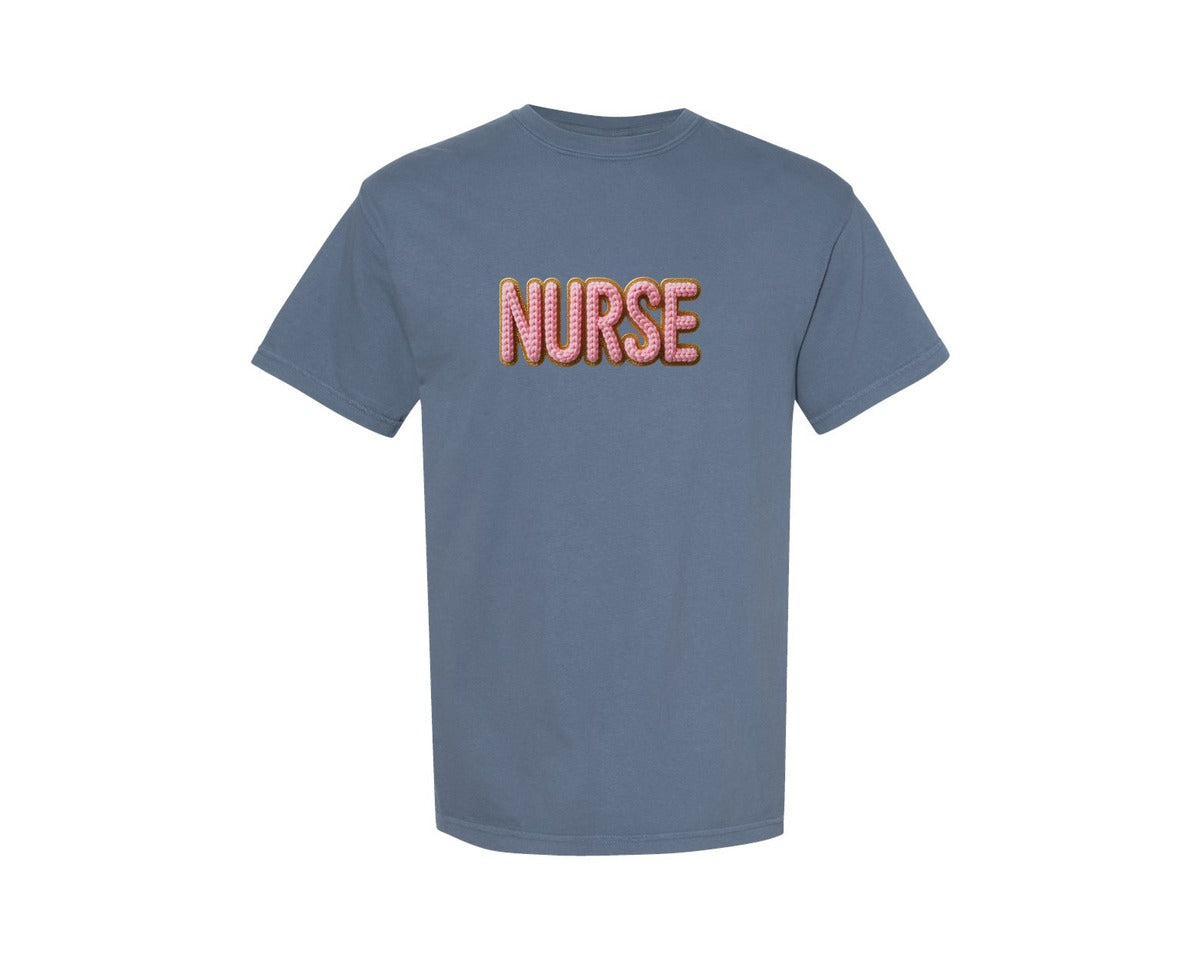 brand:Comfort Colors|color:Blue Jean|Faux Yarn Nurse Glitter Trendy Shirt Graphic T-Shirt