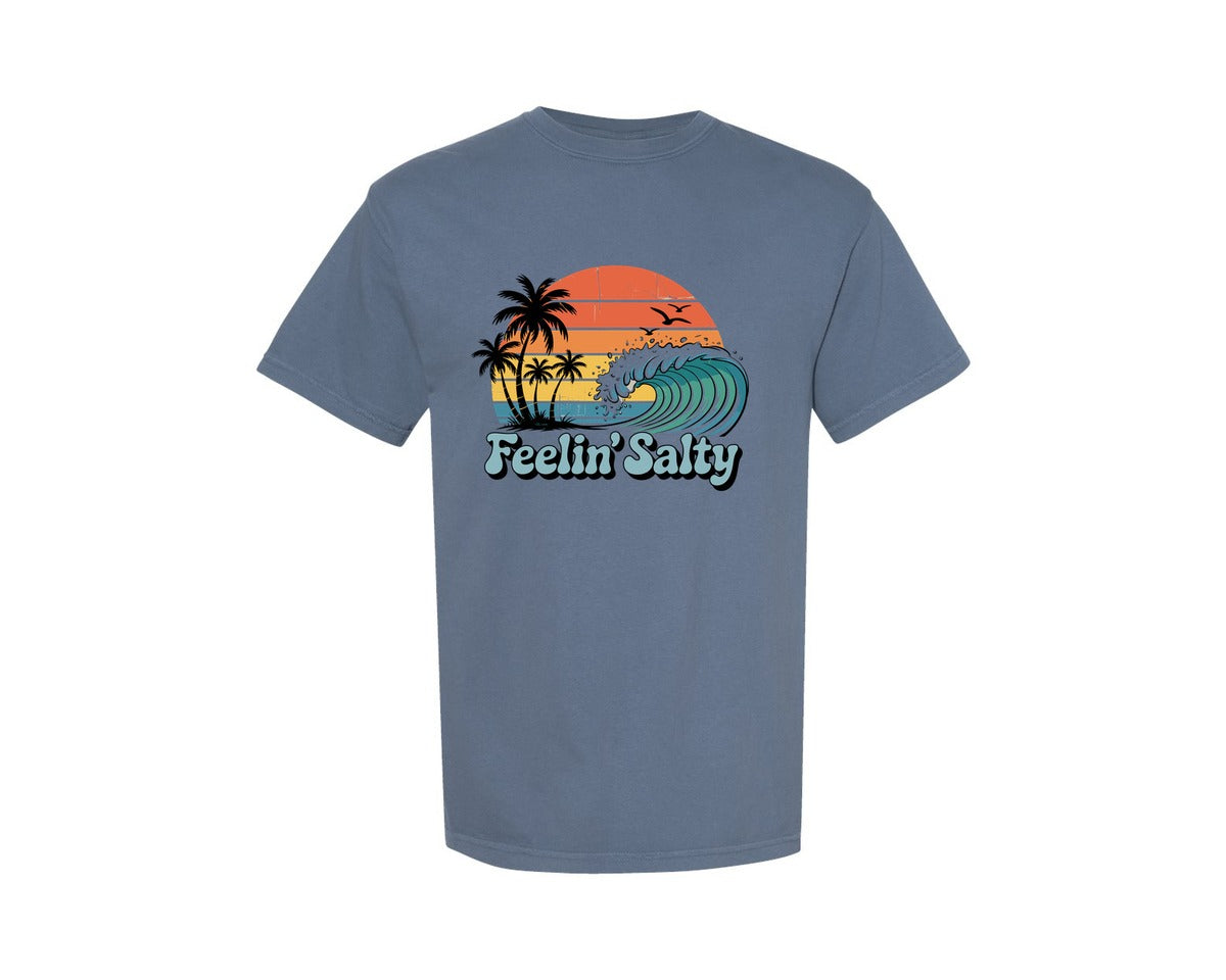 brand:Comfort Colors|color:Blue Jean|Feelin Salty Beach Summer Life Retro Graphic T-Shirt