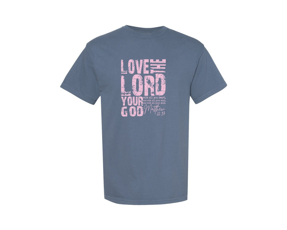 brand:Comfort Colors|color:Blue Jean|Love The Lord Your God Vintage Christian Graphic T-Shirt
