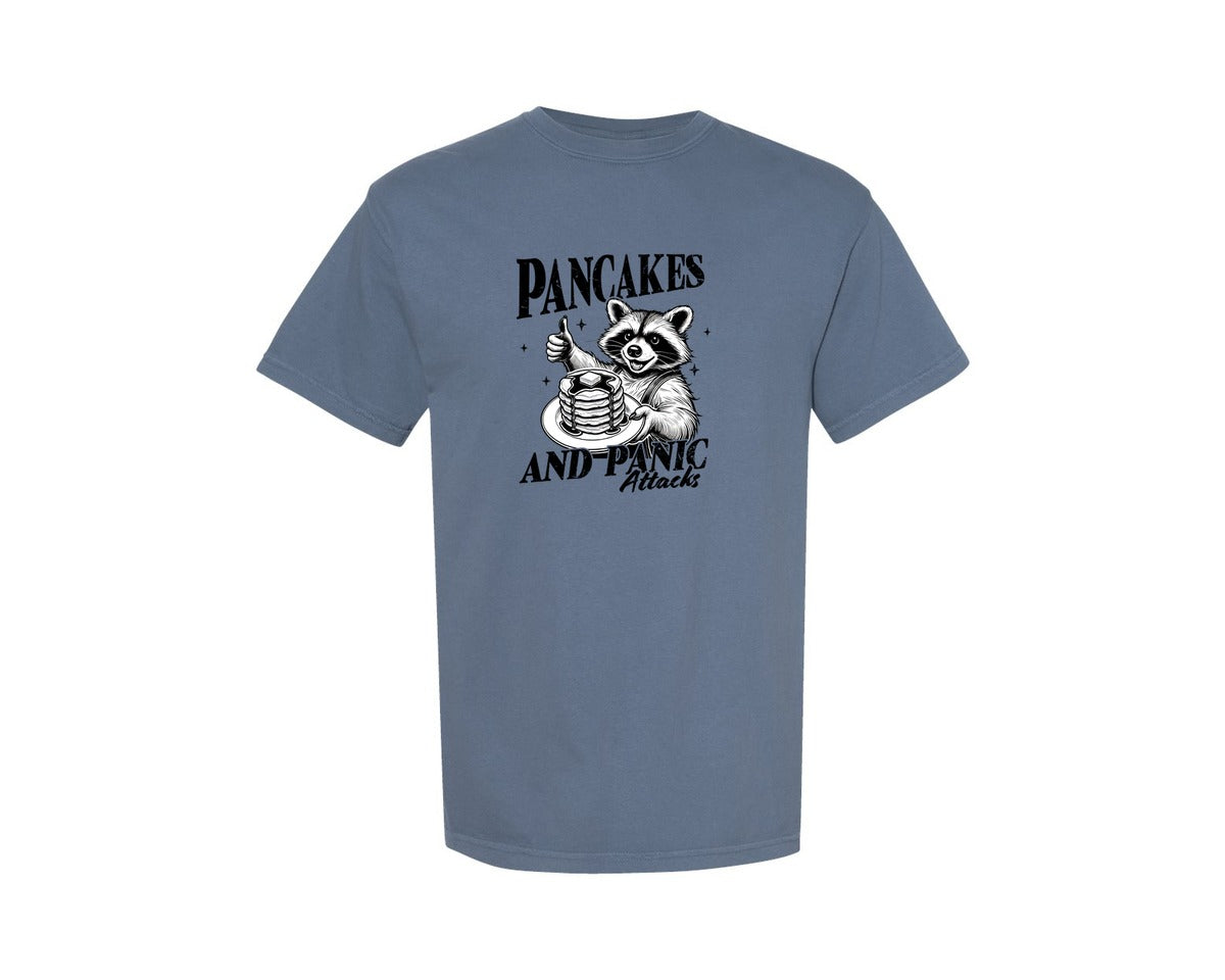 brand:Comfort Colors|color:Blue Jean|Mental Health Raccoon Pancakes And Panic Graphic T-Shirt