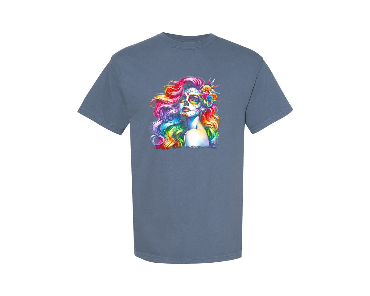 brand:Comfort Colors|color:Blue Jean|Vibrant Day Of The Dead Woman With Rainbow Graphic T-Shirt