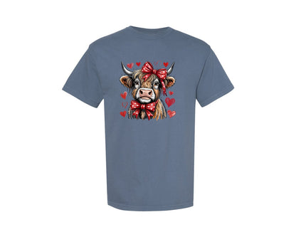 brand:Comfort Colors|color:Blue Jean|Valentines Highland Cow 2 Graphic T-Shirt