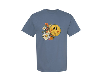 brand:Comfort Colors|color:Blue Jean|Floral Fall Smiley Face 3 Graphic T-Shirt