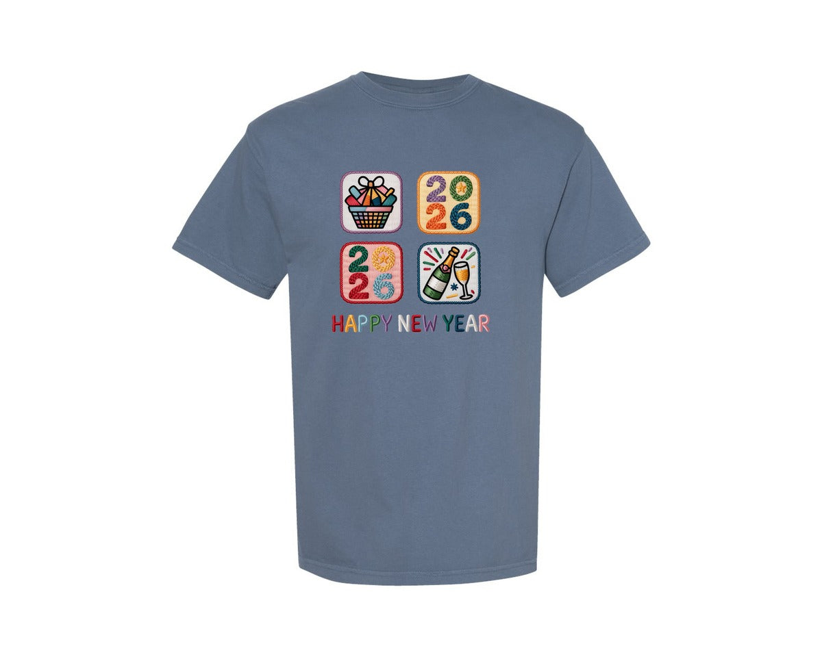 brand:Comfort Colors|color:Blue Jean|Faux Yarn Happy New Year 2026 Glitt Graphic T-Shirt