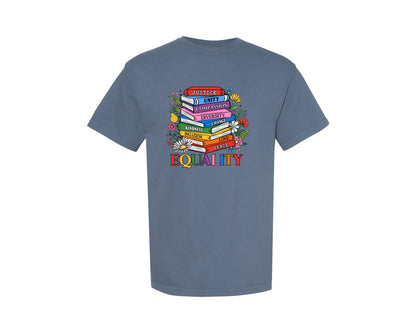 brand:Comfort Colors|color:Blue Jean|Equality Values Books Pride Illustration Graphic T-Shirt