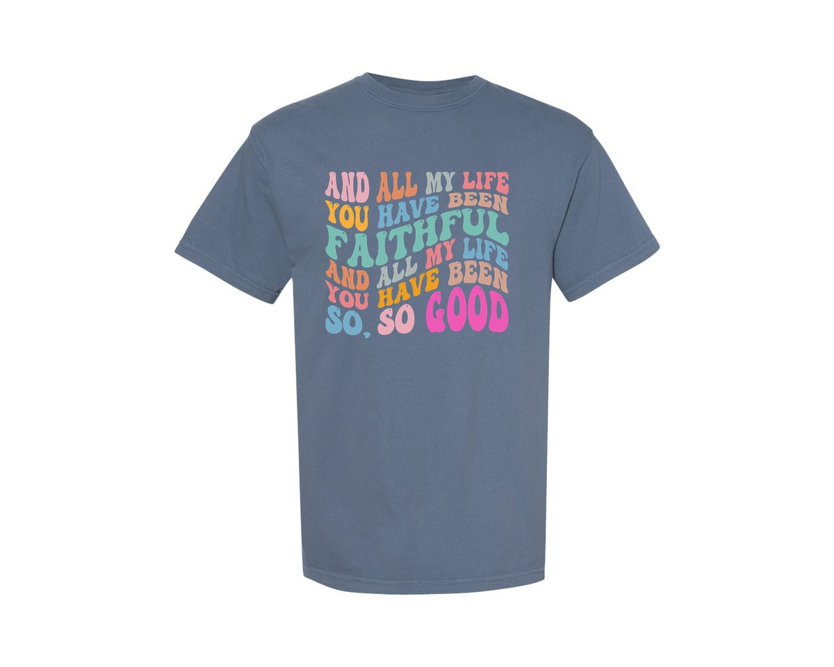 brand:Comfort Colors|color:Blue Jean|Goodness Of God Groovy Wavy Colorful Graphic T-Shirt