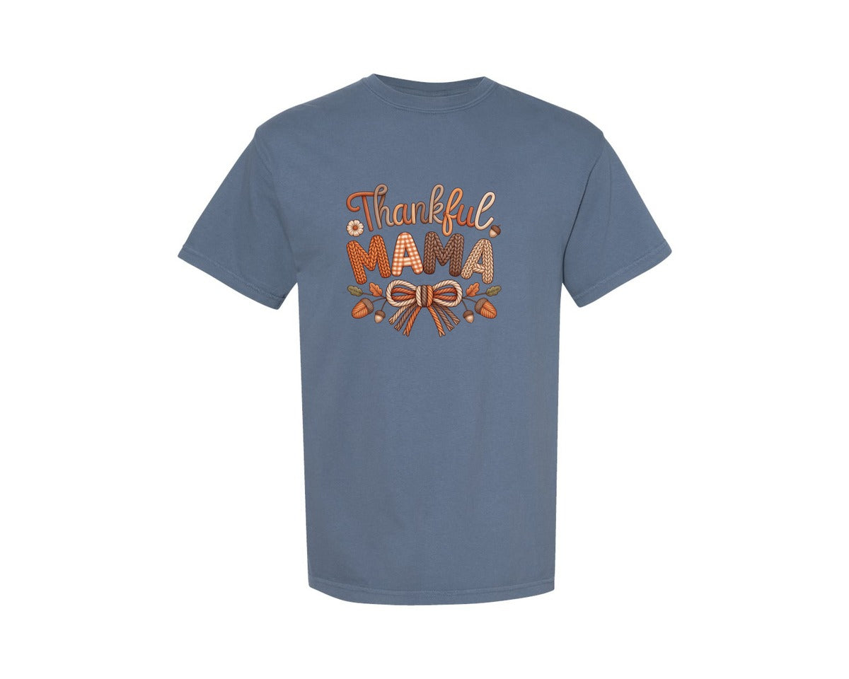brand:Comfort Colors|color:Blue Jean|Faux Yarn Thankful Mama Faux Yarn Graphic T-Shirt