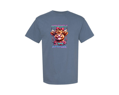 brand:Comfort Colors|color:Blue Jean|Funny Highland Cow I Have Attitude Graphic T-Shirt