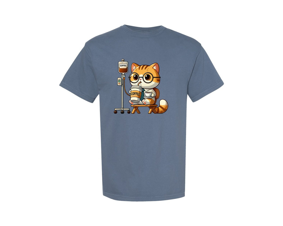 brand:Comfort Colors|color:Blue Jean|Coffee Cat Working Funny Work Humor Graphic T-Shirt
