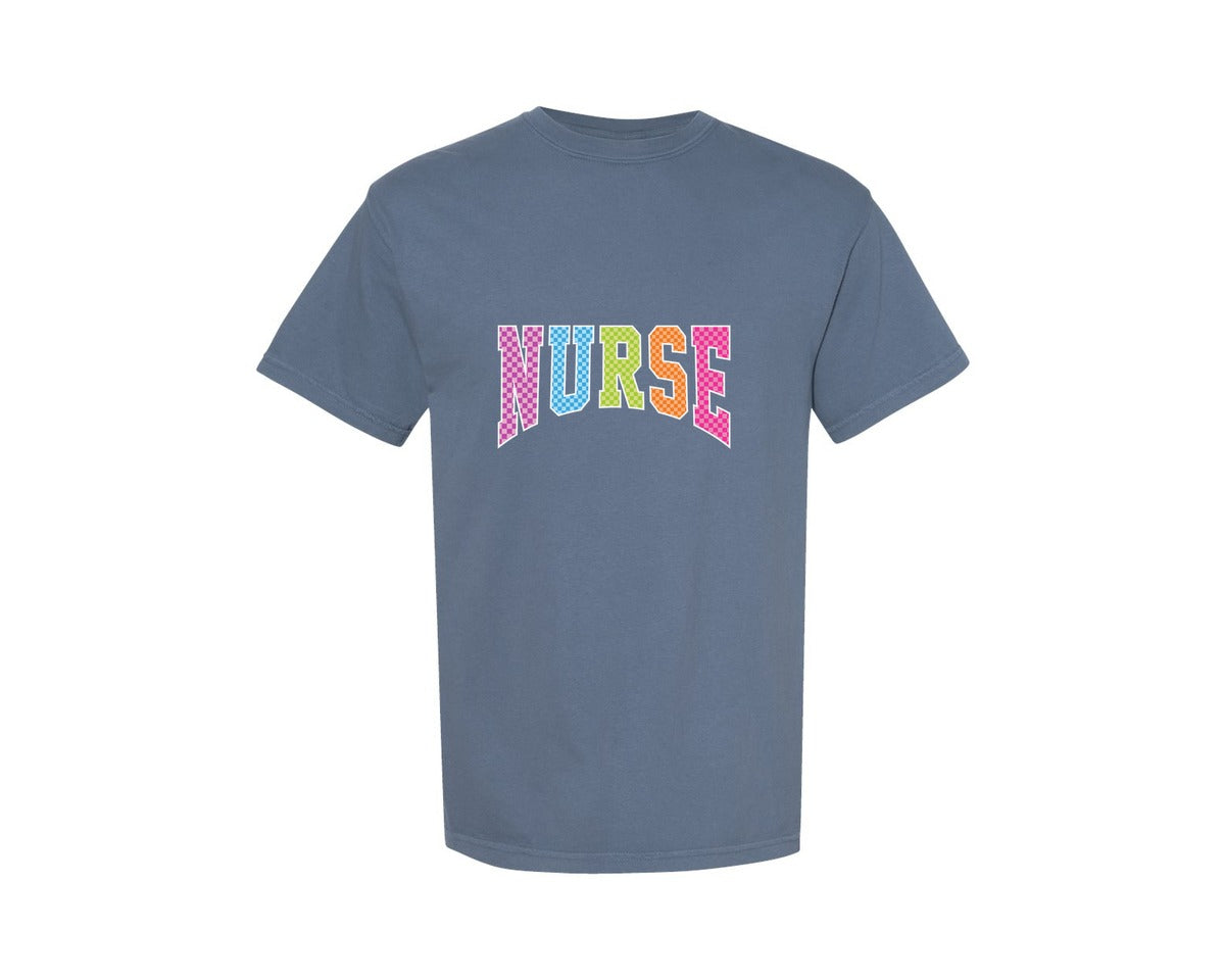 brand:Comfort Colors|color:Blue Jean|Nurse Checkered Retro Nurse Neon Preppy Graphic T-Shirt