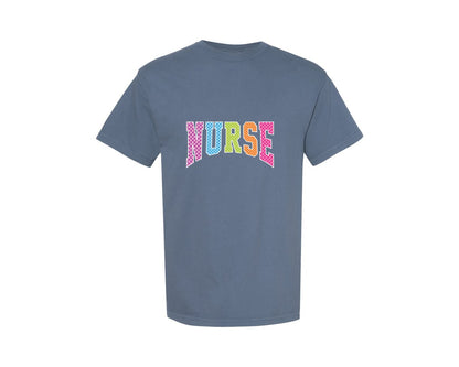 brand:Comfort Colors|color:Blue Jean|Nurse Checkered Retro Nurse Neon Preppy Graphic T-Shirt