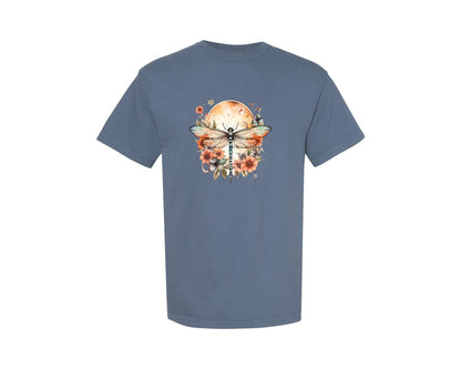 brand:Comfort Colors|color:Blue Jean|Hippie Moon Wild Flowers Dragonfly Graphic T-Shirt