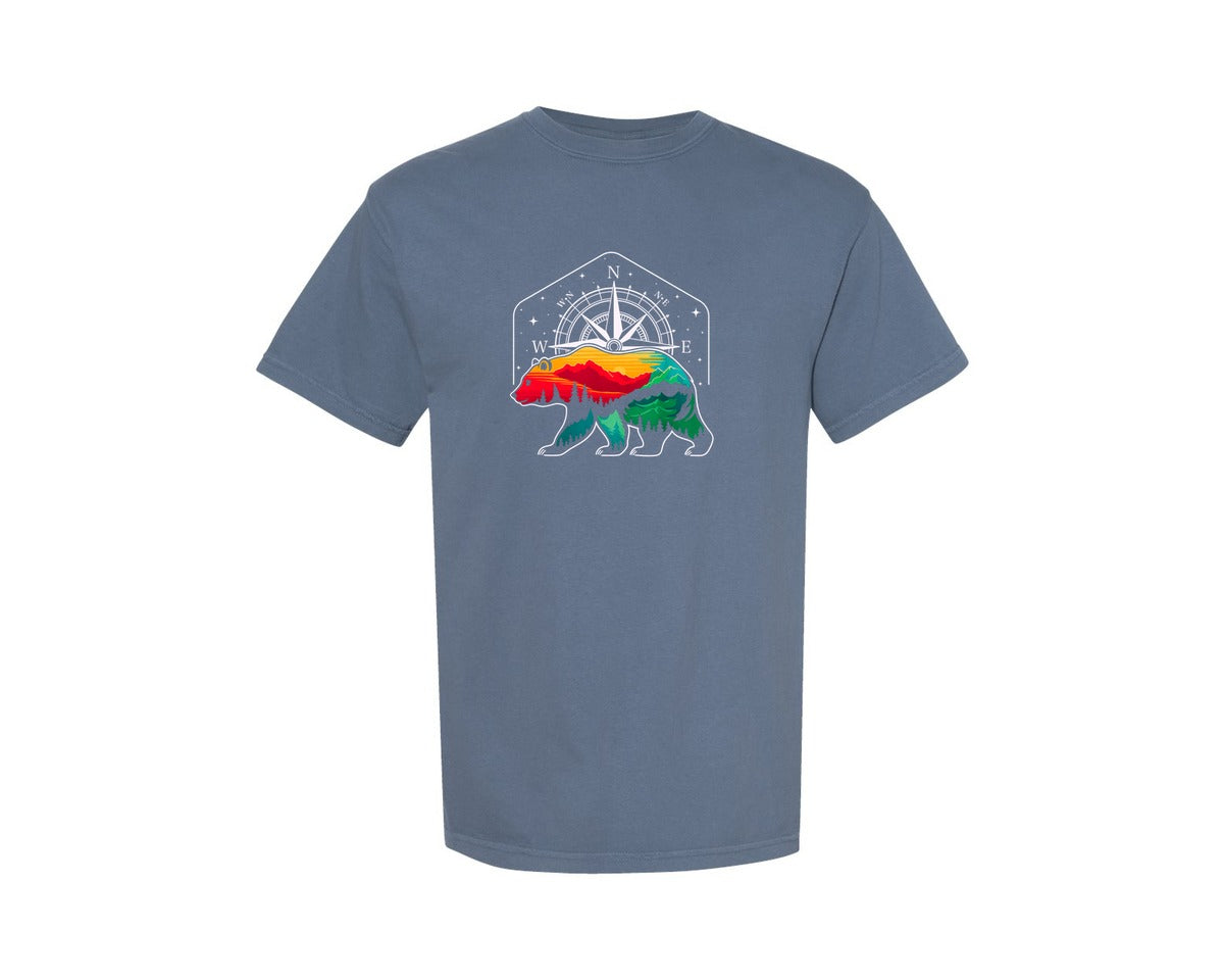 brand:Comfort Colors|color:Blue Jean|Hiker Outdoor Nature Bear Compass Graphic T-Shirt