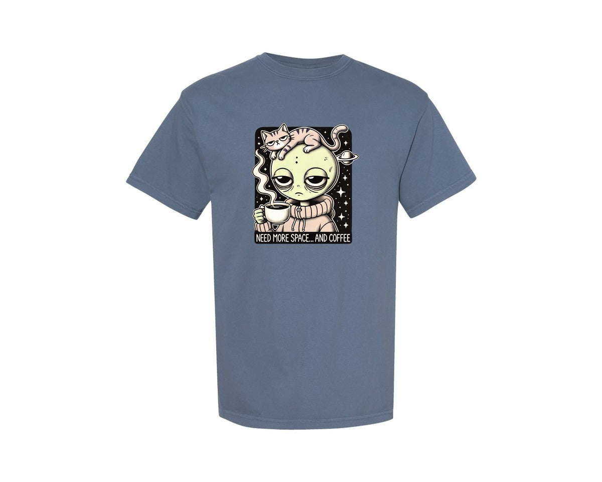 brand:Comfort Colors|color:Blue Jean|Sleepy Alien With A Cup Of Coffee Graphic T-Shirt