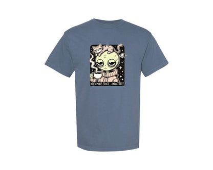brand:Comfort Colors|color:Blue Jean|Sleepy Alien With A Cup Of Coffee Graphic T-Shirt