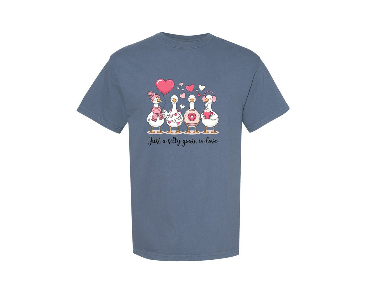 brand:Comfort Colors|color:Blue Jean|Just A Silly Goose In Love Valentine Graphic T-Shirt