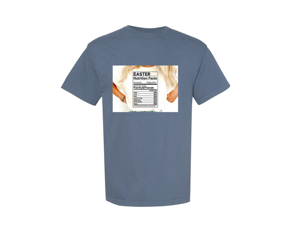 brand:Comfort Colors|color:Blue Jean|Easter Nutrition Facts Easter 2 Graphic T-Shirt