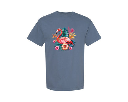 brand:Comfort Colors|color:Blue Jean|Flamingo Bird Tropical Flowers Graphic T-Shirt