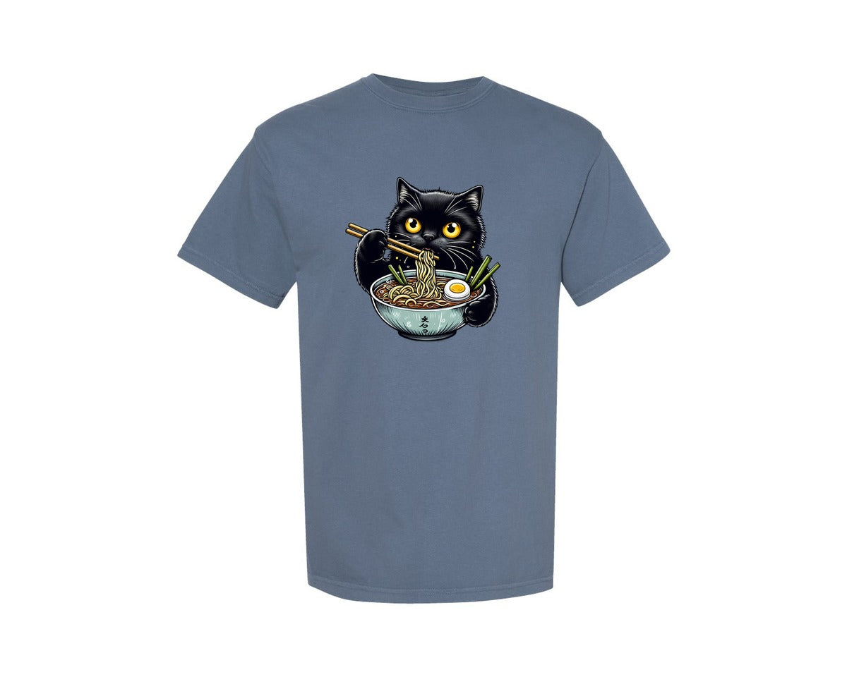 brand:Comfort Colors|color:Blue Jean|Cute Black Cat Eating Ramen Noodle Graphic T-Shirt