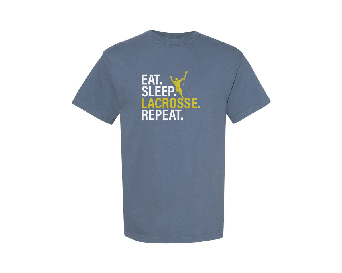 brand:Comfort Colors|color:Blue Jean|Eat Sleep Lacrosse Repeat Sports Team Graphic T-Shirt