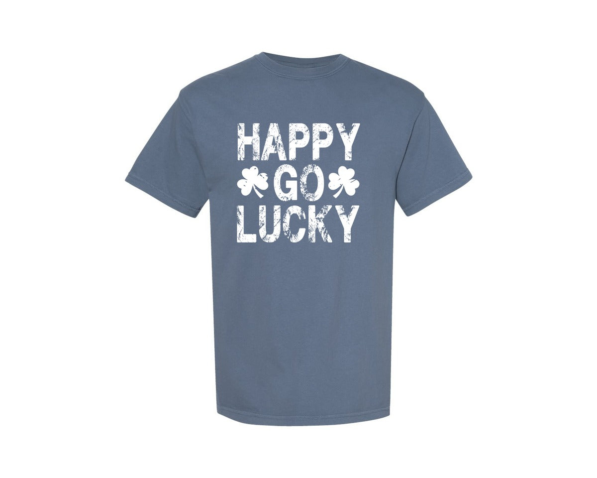brand:Comfort Colors|color:Blue Jean|Happy Go Lucky St Patricks Day 3 Graphic T-Shirt